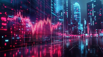 Naklejka premium Neon-Lit Virtual Reality Stock Market Display Cityscape