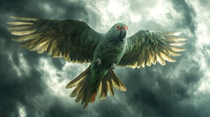 Fototapeta premium Green Parrot Soaring Through Stormy Clouds Bird Flight Rain Nature Photography
