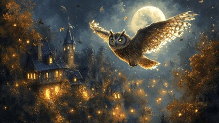 Obraz premium Enchanted Owl Flying Over Magical Village with Full Moon at Night