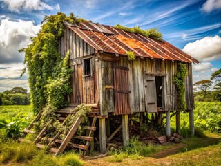 Obraz premium Weathered wooden shack with corrugated metal roof, overgrown with vines, leaning precariously on worn wooden stilts,