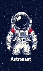 A whimsical flat cartoon design of an astronaut suit featuring the word "Astronaut" prominently displayed.  Set against a colorful space background