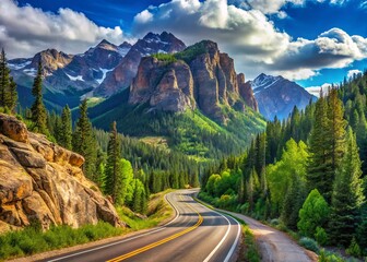 Naklejka premium Winding asphalt highway snakes through rugged Colorado Rocky Mountains, surrounded by lush green forests and majestic