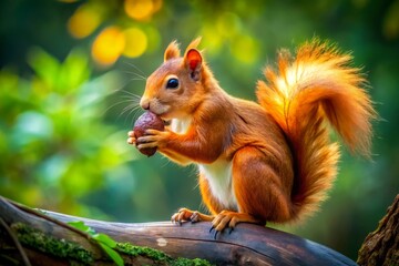 Fototapeta premium Perched on a branch, a squirrel holds a whole hazelnut in its paws, set against a beautifully rich