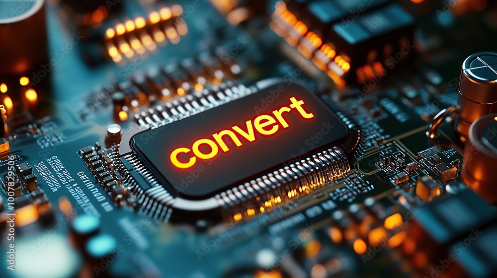 Poster Convert Text on Microchip Illuminated in Futuristic Circuit Design