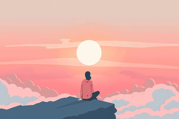 A silhouetted figure, seated on a rocky ledge, gazes at a serene sunset with soft pink clouds, evoking a sense of peace and contemplation.