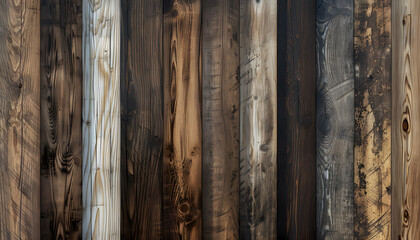 Fototapeta premium A diverse collection of wood planks showcasing various textures and shades, creating a rustic and warm atmosphere.