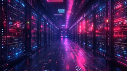 Fototapeta premium A high-tech corridor lined with servers, characterized by glowing data streams