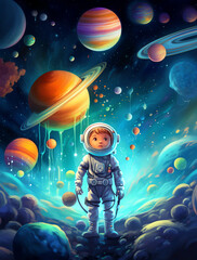 Naklejka premium A cute little astronaut exploring an alien planet, surrounded by colorful planets and stars in the universe.