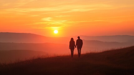 Fototapeta premium Romantic Sunrise Over Hills, A breathtaking dawn casts vibrant orange and pink across rolling hills, highlighting a couple's silhouette, symbolizing love and new beginnings.
