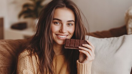 Young woman smiling while holding a chocolate bar in a cozy living room during the afternoon sunlight
