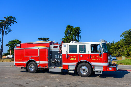 Santa Cruz Fire Department fire engine 3113, 2023 Pierce Enforcer. Side view - Santa Cruz, California, USA - October 2, 2024