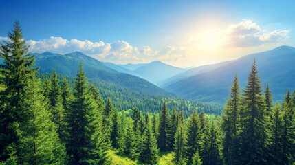 Fototapeta premium Sunny Bliss Over Pine Mountains, a vibrant scene showcasing clear blue skies above lush green pine-covered peaks, evoking joy and a sense of outdoor exploration.