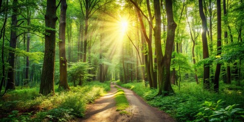 Fototapeta premium Hiking trail through lush forest with sunlight peeking through the trees, hiking, trail, nature, country, landscape