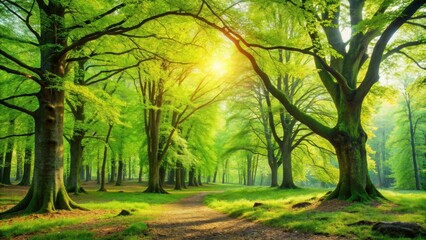 Old trees with fresh green leaves in a vibrant spring forest , nature, trees, forest, spring, green, leaves, growth