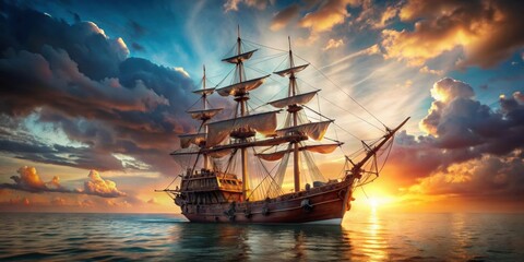 Obraz premium rendering of a realistic pirate ship on a background, pirate ship, rendering, background, sailing vessel, adventure