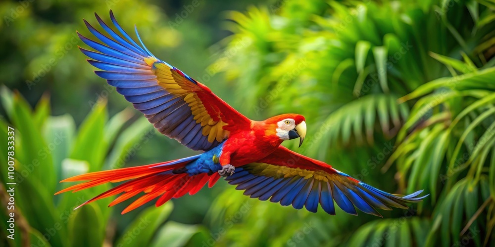 Wall mural Colorful scarlet macaw parrot flying gracefully in the lush greenery of its natural habitat, scarlet macaw, parrot, colorful