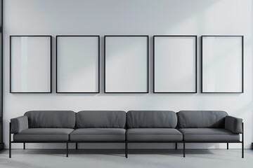 Modern minimalist living room featuring a sleek gray sofa and empty frames for artwork.