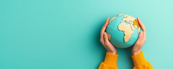 Person holding globe, symbolizing responsibility for the world, copy space, flat design illustration