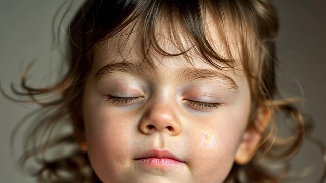 Close-up portrait of a little girl with her eyes closed, she has a small bandage on her cheek.