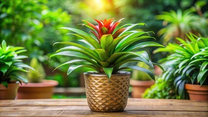 Fototapeta premium Lush green Bromelia plant in a decorative pot, perfect for adding a touch of nature to any space , green, Bromelia, plant