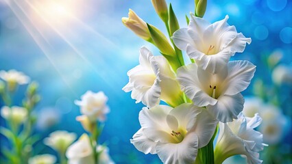 Fototapeta premium A breathtaking white gladiolus flower flourishes against a gentle blue backdrop, perfect for nature and floral themes, showcasing elegance and tranquility in every petal.