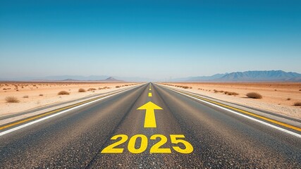 A deserted asphalt road stretches into the distance, marked with a bold arrow and the numerals 2025, set against a transparent background, ready for the future.