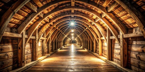 Obraz premium Rustic tunnel with wooden beams and soft lighting, rustic, tunnel, pathway, underground, dark, mysterious, old