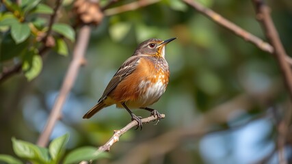 A dusky thrush perches leisurely on a slender branch, its earthy tones blending seamlessly with the surrounding foliage, showcasing its majestic plumage.