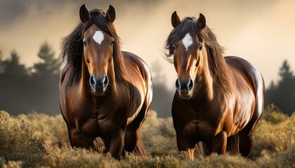 Obraz premium Majestic Horses in Nature - Beautiful Equine Companions | 自然の中の雄大な馬たち - 美しい馬の仲間たち