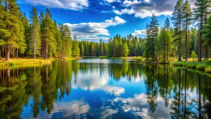 Obraz premium Tranquil lake nested in dense pine forest, Tranquil, lake, dense, pine, forest, trees, reflection, nature, scenic, peaceful