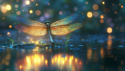 Naklejka premium A dragonfly with iridescent wings sits on a rock by a pond at night, illuminated by fireflies.