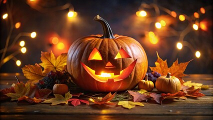 The eerie glow of a jack-o-lantern illuminates the night, nestled among colorful autumn leaves and delightful seasonal