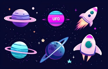 A minimalist cartoon-style icon design for "UFO" featuring Earth and the moon as the background，showcasing a dark blue to purple gradient color scheme.