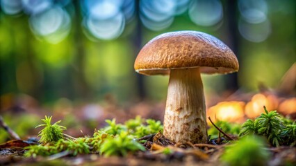 Close-up of a mushroom with earthy textures and distinctive cap shape, mushroom, close-up, earthy, textures, forest floor, nature