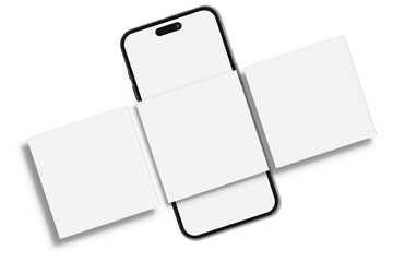 Smartphone mockup with shadow and social media post interface mockup. Social media mobile app page template design for user carousel post feed. Mobile app interface template on social network