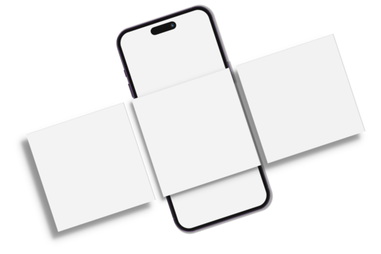 Smartphone mockup with shadow and social media post interface mockup. Social media mobile app page template design for user carousel post feed. Mobile app interface template on social network