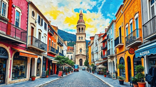 Fototapeta A picturesque cityscape of Altea's historic center with cobblestone streets, lined with charming shops, cafes, and boutiques, 