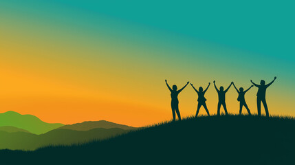 Silhouetted Friends Celebrating on Hill at Dusk