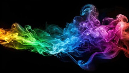 Obraz premium Colorful smoke swirls on black background, abstract wave, creative design, yellow, green, blue, magenta, smoke, swirls