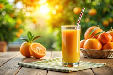 Fototapeta premium A tall glass filled with freshly squeezed orange juice sits on a bright sunny table, accompanied by a cheerful straw, inviting refreshment on a warm day.