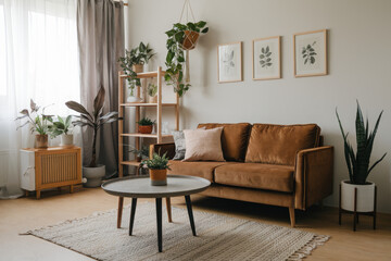 A cozy living room with a brown sofa, indoor plants, and minimalist decor, bathed in natural light.