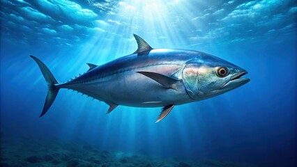 Naklejka premium Bluefin tuna swimming in clear blue ocean waters, bluefin tuna, thunnus thynnus