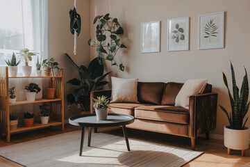 Bright and cozy living room with plants, a brown couch, and minimalist decor.