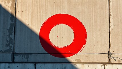 A vibrant red painted circle sits prominently on a weathered concrete wall, contrasting with the surrounding urban grime, drawing the eye with its bold splash of color.