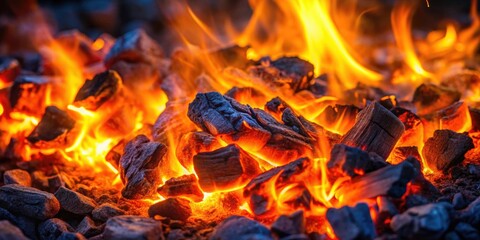 Burning and glowing hot coals with smoldering embers at night , fire, coals, glowing, hot, smoldering, embers, flames