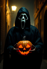 photo a man in a black cape and wearing horror mask, holding a halloween pumpkin