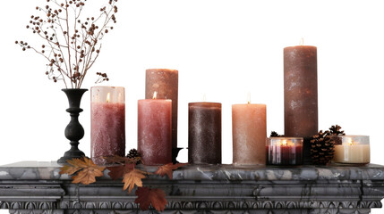 Scented candles arranged on a fireplace mantle, on white background