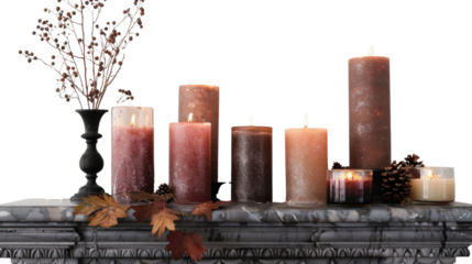 Scented candles arranged on a fireplace mantle, on white background