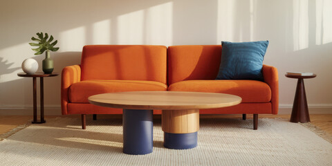 Modern living room with an orange sofa, blue pillow, and round wooden coffee table.