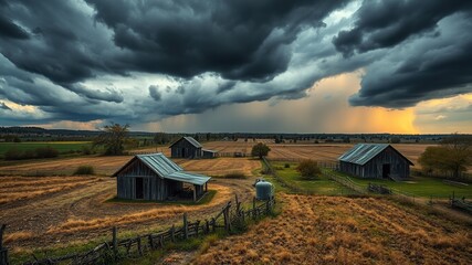 Darkening skies collide with a bedraggled rural landscape, worn fields and rustic barns battered by driving wind and rain as a distant thunderstorm unleashes nature's fury.